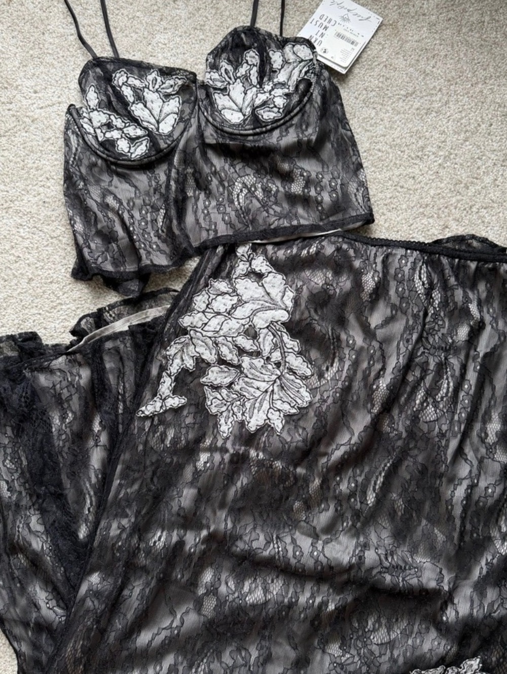 Free People Black Lace Floral Applique Camisole and Maxi Skirt Set, Size M - Picture 4 of 7